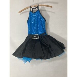 Weissman Blue & Black Sequin Belted Halter Dance Costume Size MC Medium Child